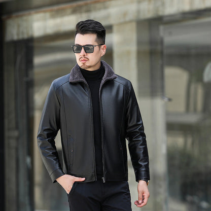 Lederjacke Herren mit Weichem Fleecekragen Schwarz Ledermantel - BerlinGlamour