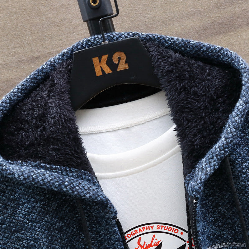 Herren Strickjacke Kapuze Trendig Streifenmuster Warm - BerlinGlamour