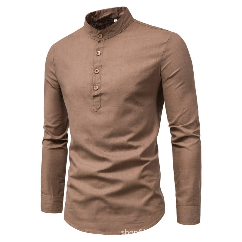 Herren Hemd Mandarin Kragen Holzknöpfe Elegantes Design