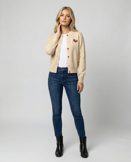 Damen Cardigan Feinstrick Rundhals Pferde Motiv