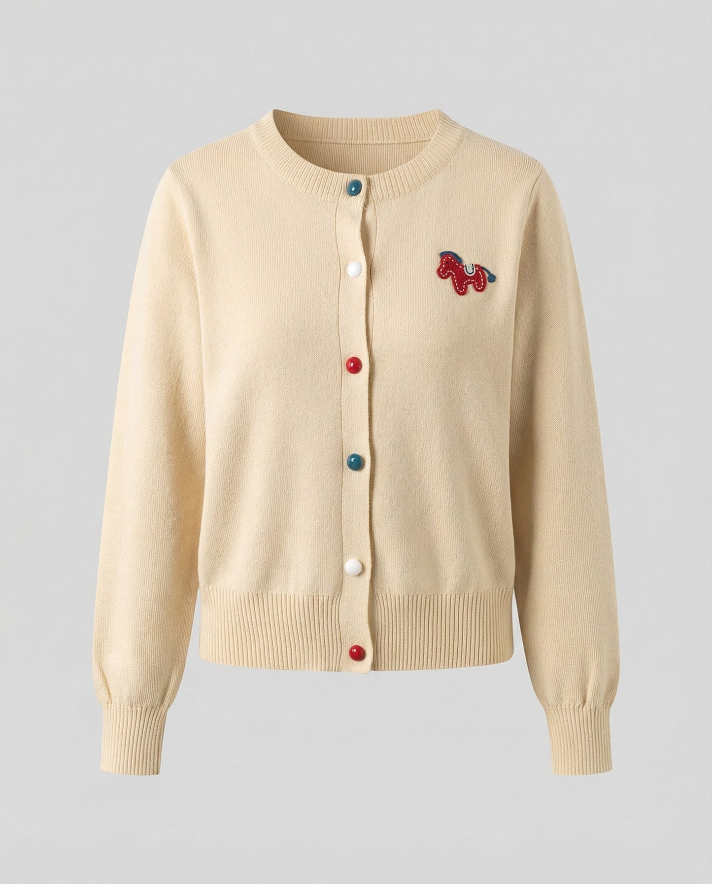 Damen Cardigan Feinstrick Rundhals Pferde Motiv