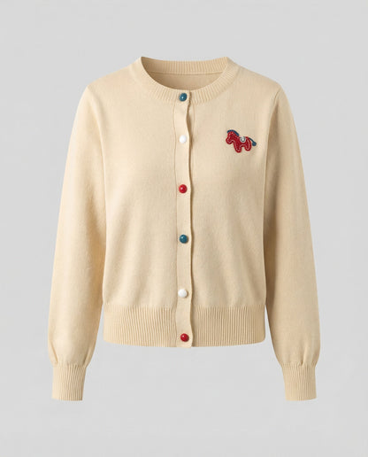 Damen Cardigan Feinstrick Rundhals Pferde Motiv