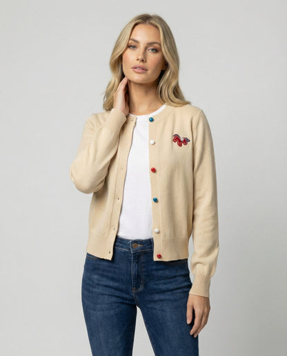 Damen Cardigan Feinstrick Rundhals Pferde Motiv - BerlinGlamour