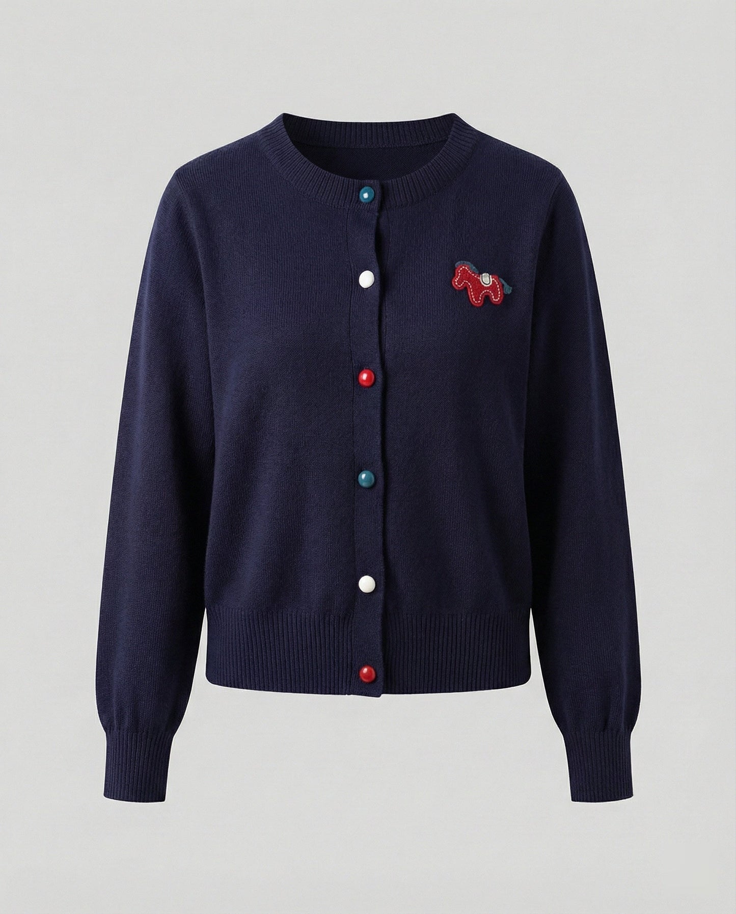 Damen Cardigan Feinstrick Rundhals Pferde Motiv