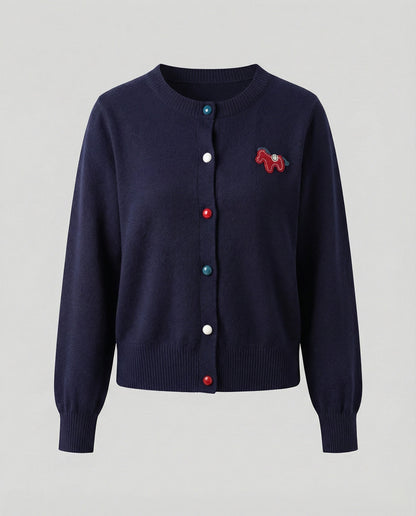 Damen Cardigan Feinstrick Rundhals Pferde Motiv