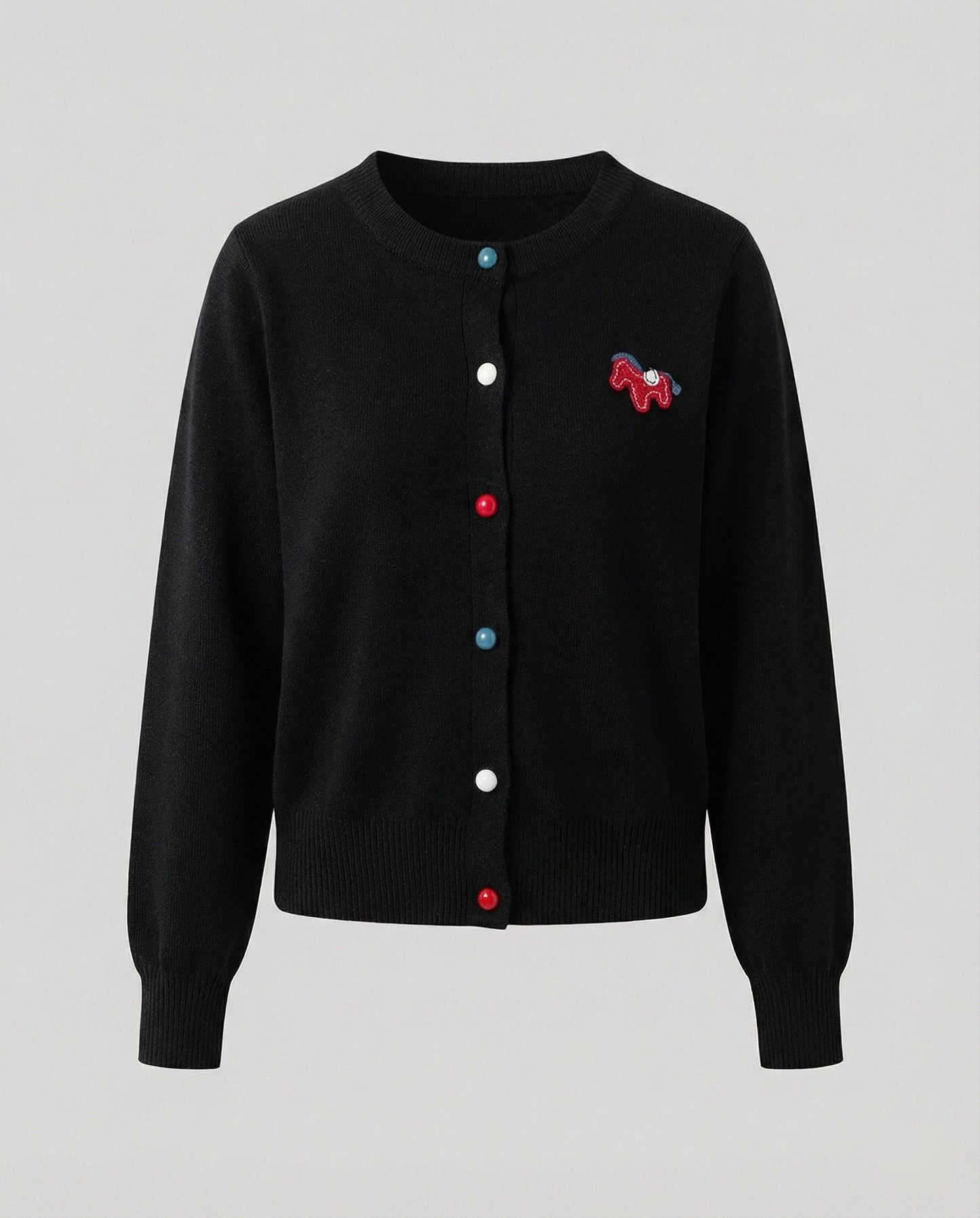 Damen Cardigan Feinstrick Rundhals Pferde Motiv