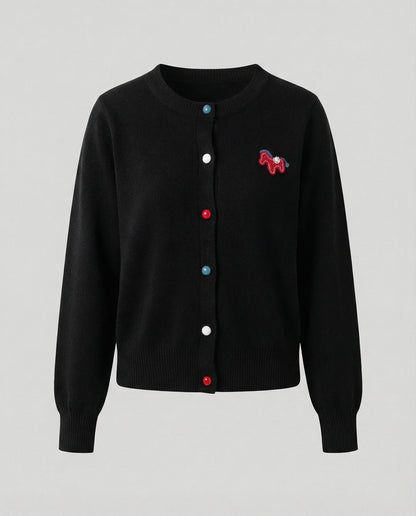 Damen Cardigan Feinstrick Rundhals Pferde Motiv