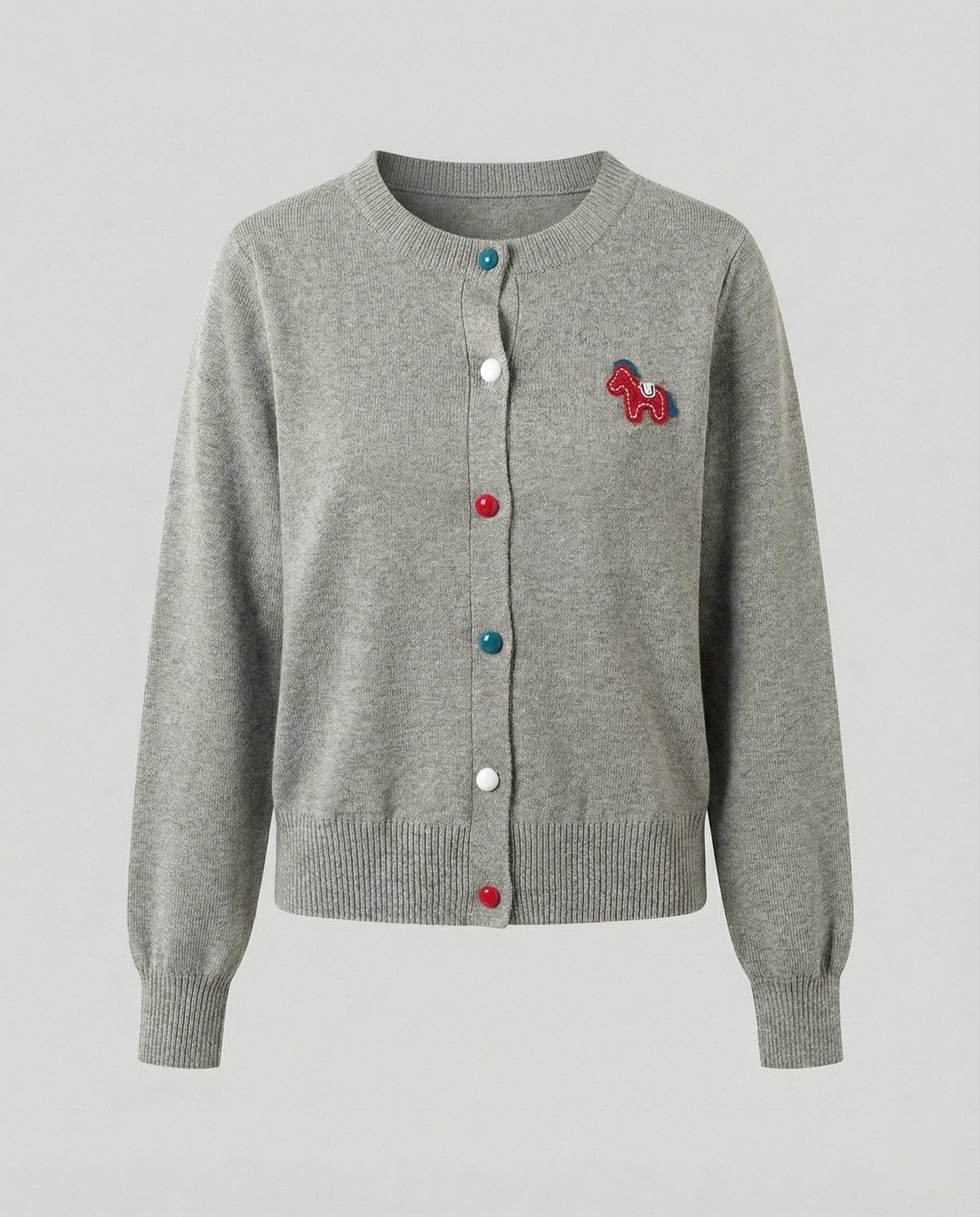 Damen Cardigan Feinstrick Rundhals Pferde Motiv
