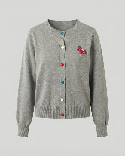 Damen Cardigan Feinstrick Rundhals Pferde Motiv