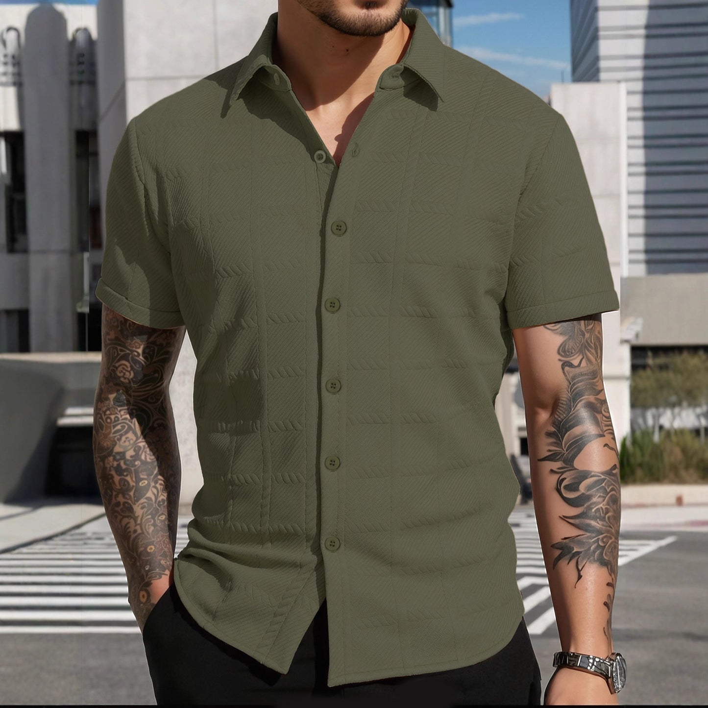 Herren Hemd Kurzarm Modern Strukturiert Elegant