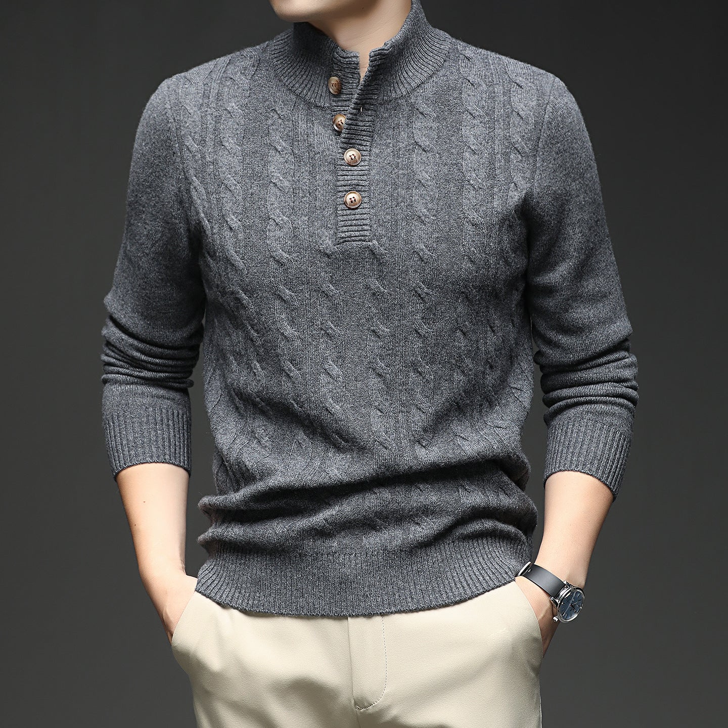 Herren Strickpullover Stehkragen Knopfleiste Elegent Modern - BerlinGlamour