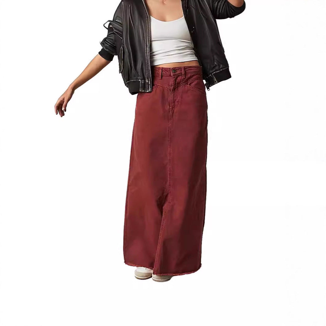 Damen Denim-Rock Hochtailliert mit Taschen Lang