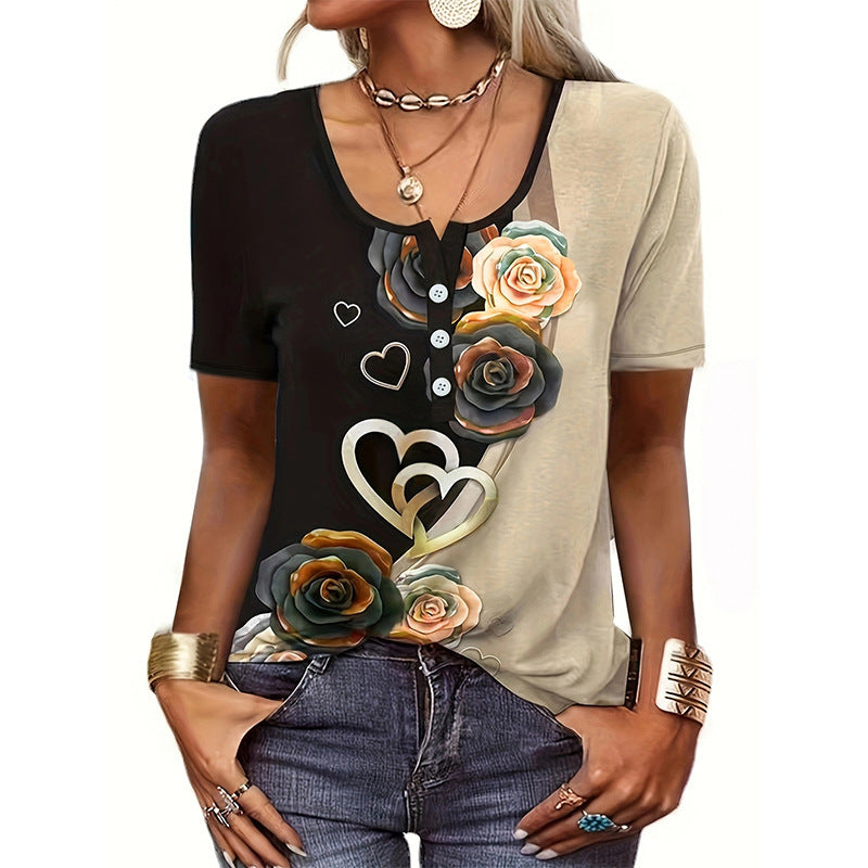 Bluse Damen Floralmuster Knopf Oberteil Modern