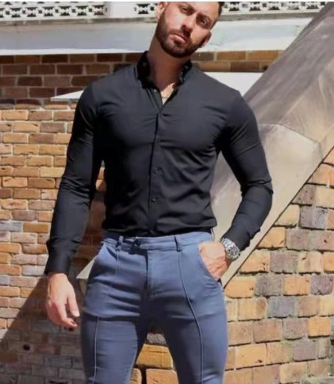 Herren Langarmhemd Atmungsaktiv Stretch Baumwolle Modern