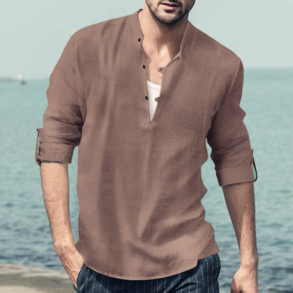 Herren Hemd Modern Stehkragen Knopfleiste Slim Fit