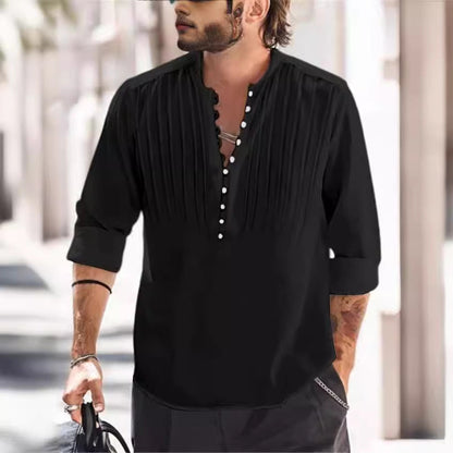 Herren Langarmshirt Elegant mit Knöpfen und Falten Modern