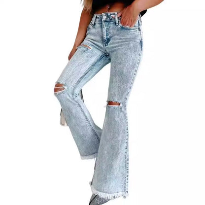 Damen Jeans Flared mit Rissen und Fransen Trendy Damenschuhe