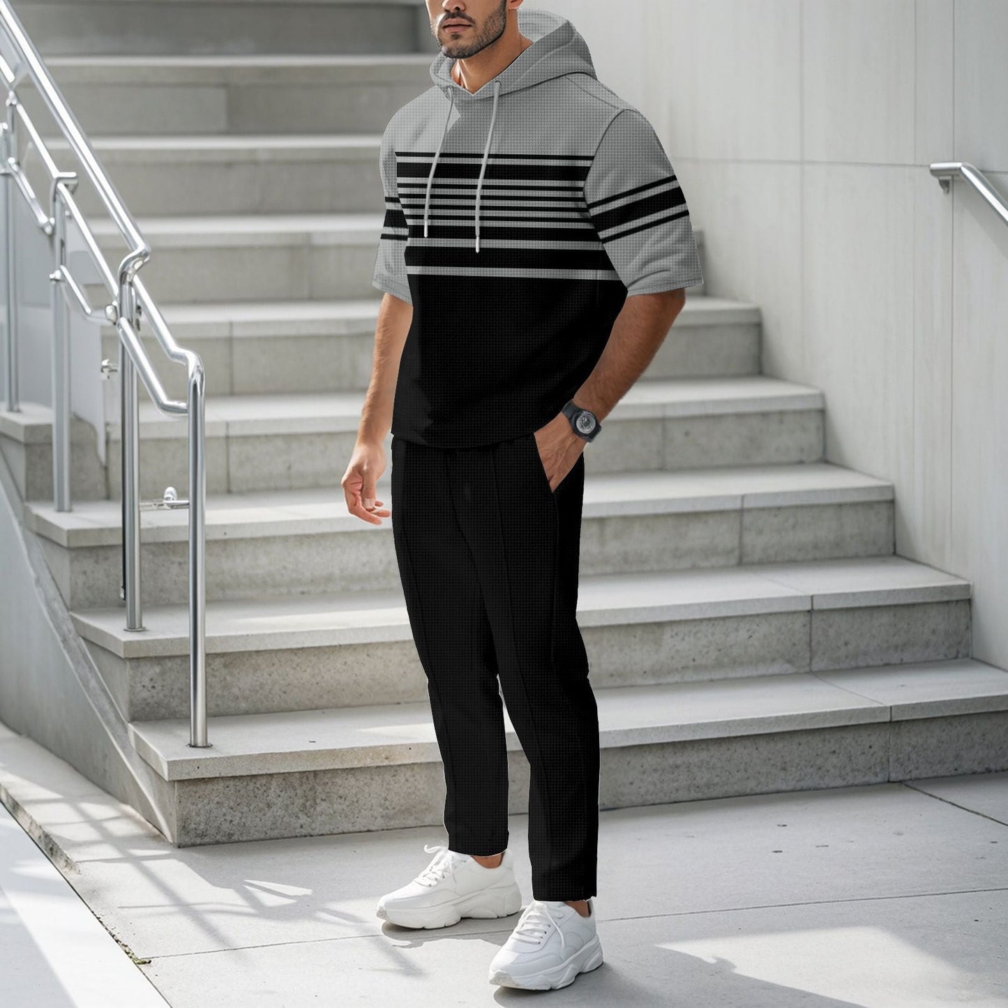 Herren Hoodie Sportlich mit Streifenmuster und Joggerhosen