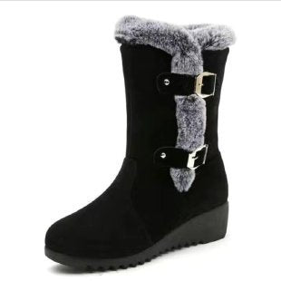 Damen Stiefel Wedge mit Kunstfellkragen und verstellbaren Schnallen