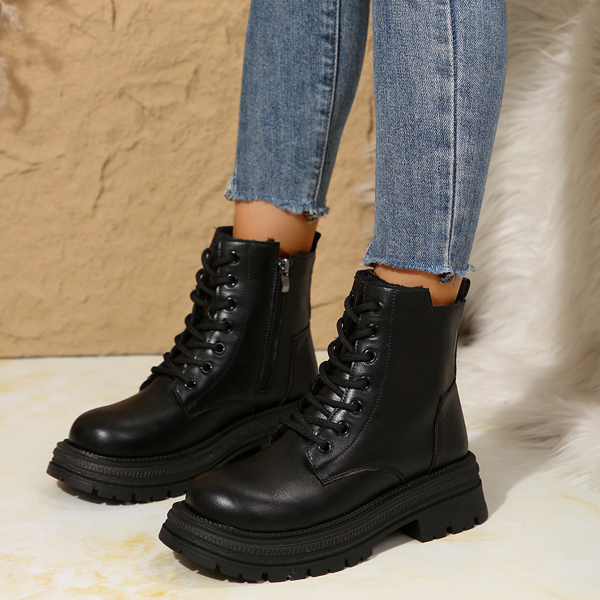 Damen Schnürboots Robust Reißverschluss Winterstiefel