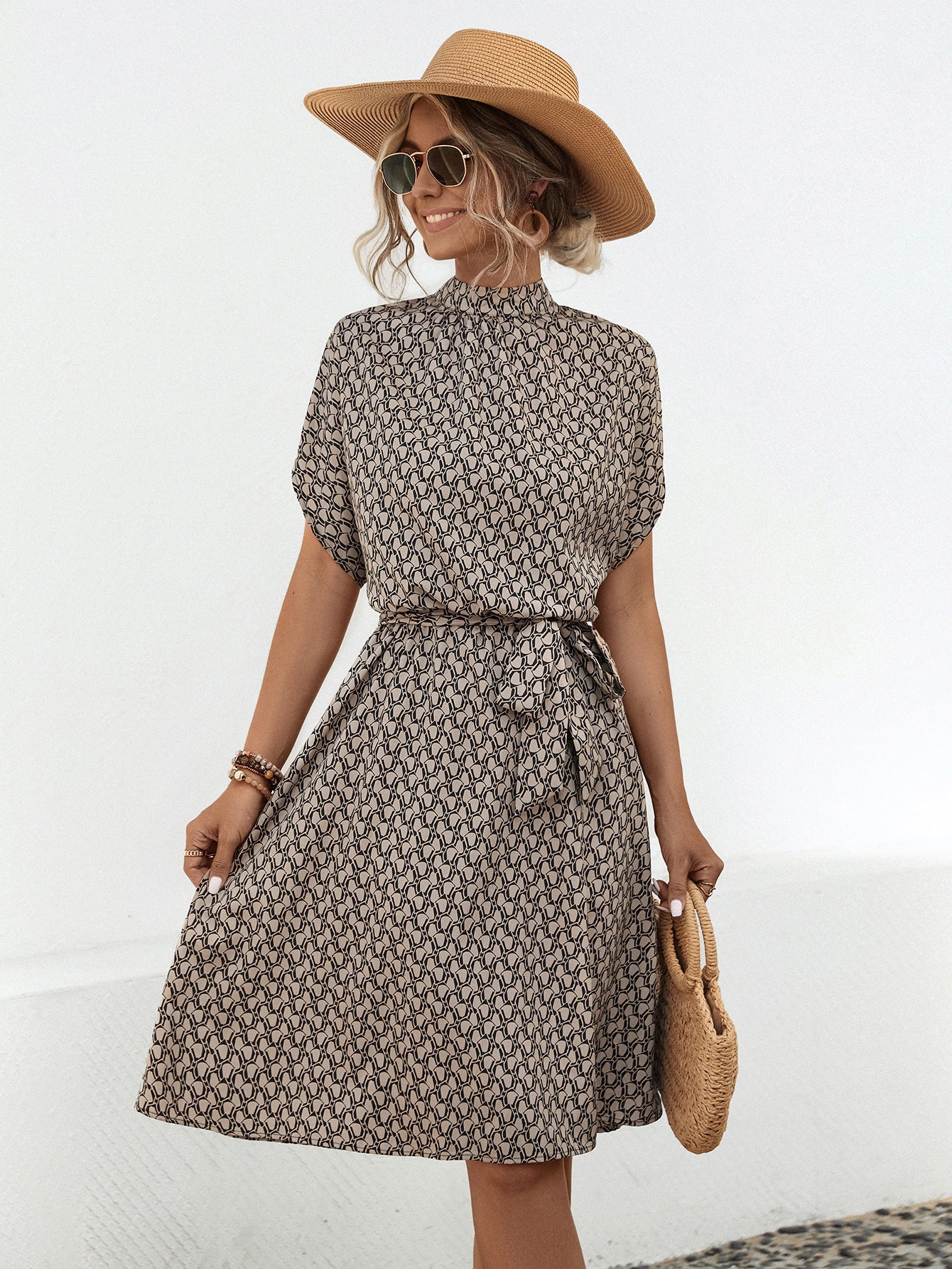 Damen Kleid Bogenmuster Hochkragen Mit Gürtel Elegant