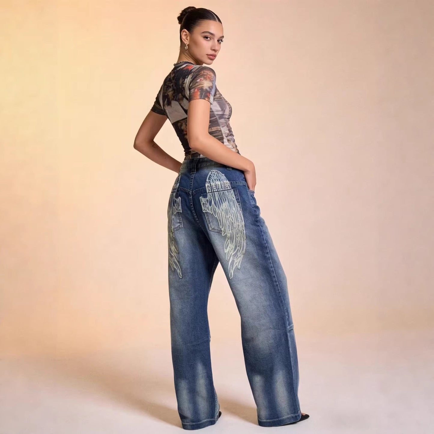 Damen Jeans Bootcut Weite Bein Hochbund