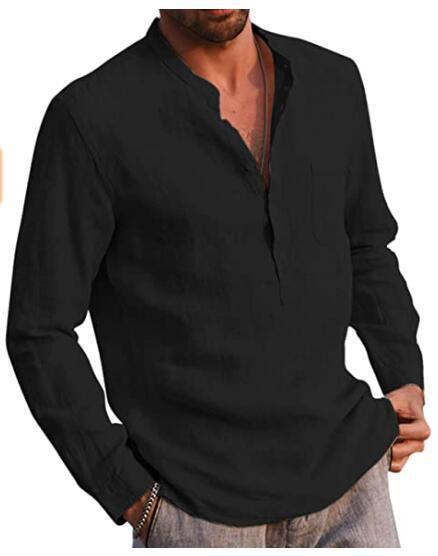Herren Leinenhemd Modern mit Brusttasche und Henley Ausschnitt
