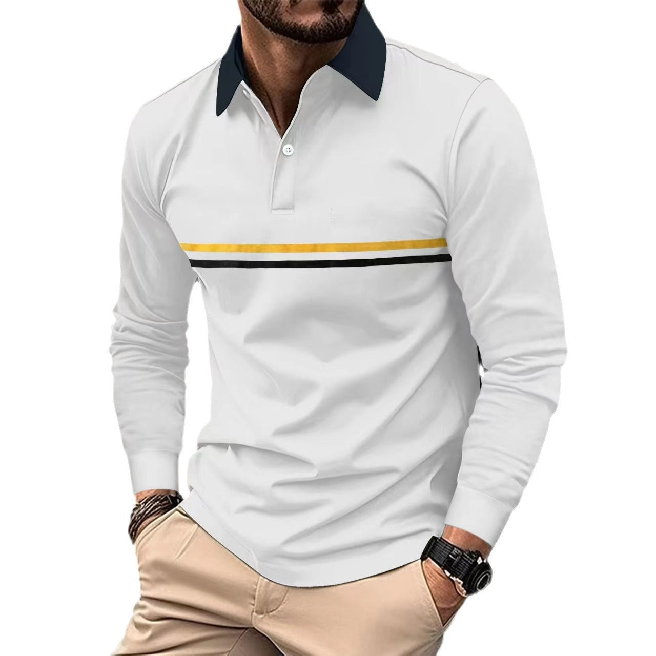 Herren Langarm-Polo Sportlich Kontrastkragen Modern