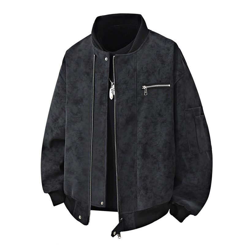 Herren Bomberjacke Vintage Style Reißverschluss Leder Optik