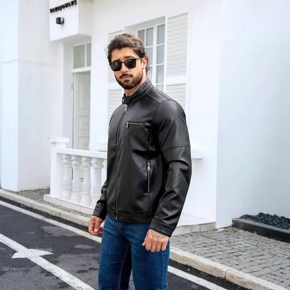 Herren Lederjacke Modern Reißverschluss Schwarz