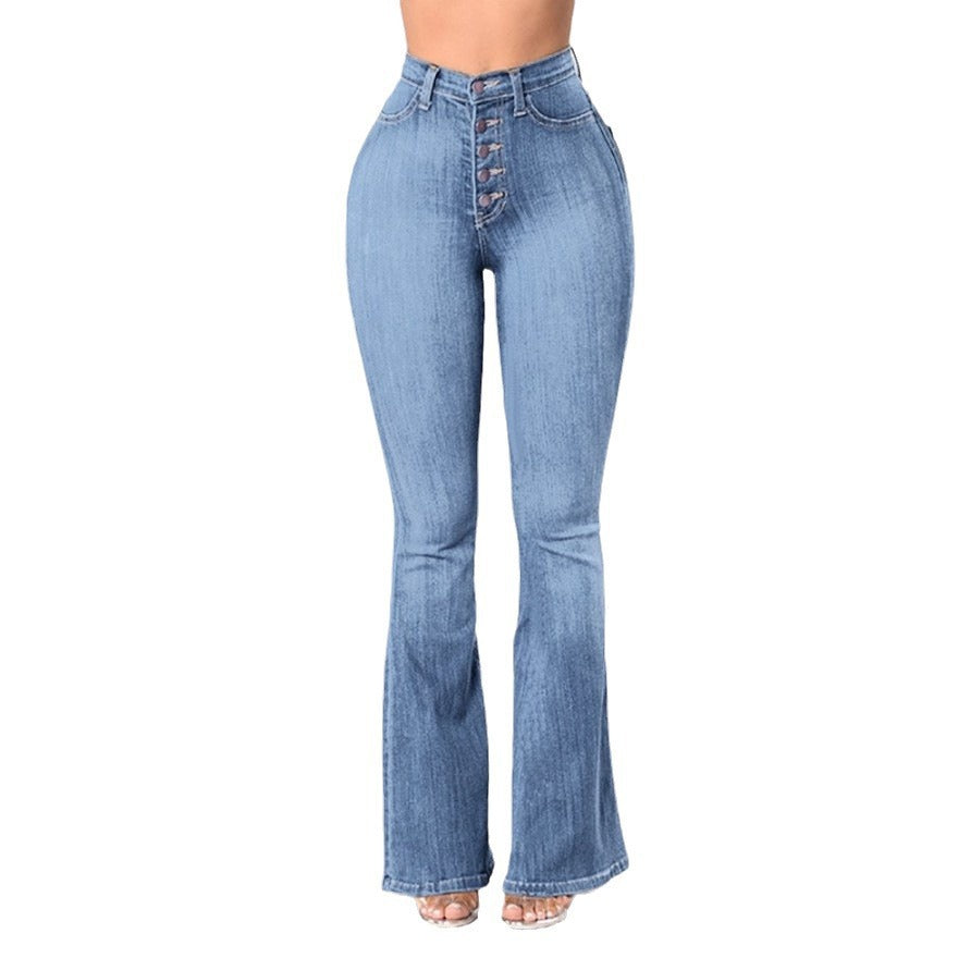 Damen Jeans Bootcut Hochbund mit Knöpfen Modern