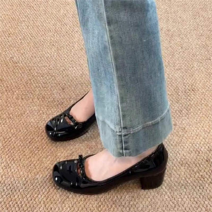 Damen Ballerinas Bequem Blockabsatz Blüten Schnalle