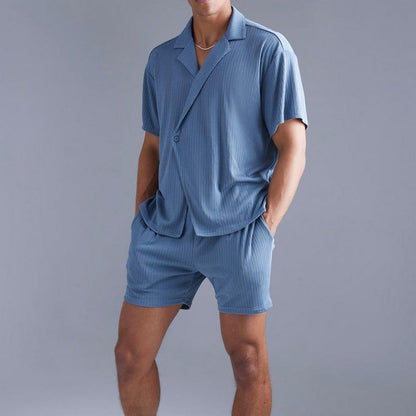 Herren Kurzarmhemd und Shorts Set Rippstruktur Sommer