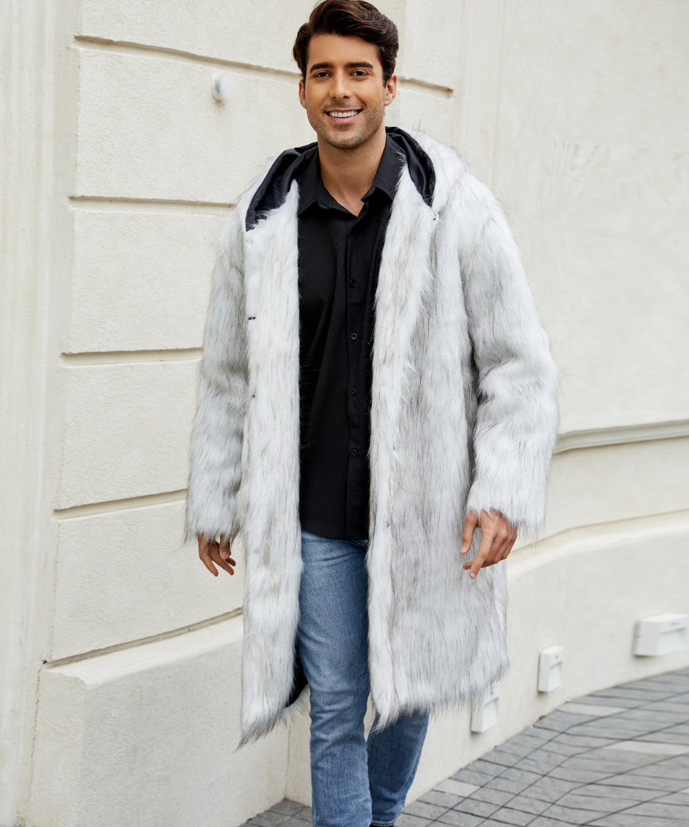 Herren Kunstfellmantel mit Kapuze Luxus Wintermantel