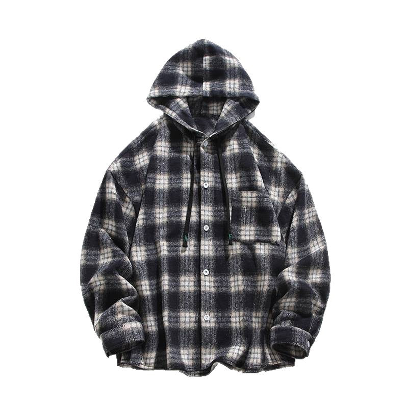 Herren Flanelljacke Kariert Kapuze Knopfverschluss Modern