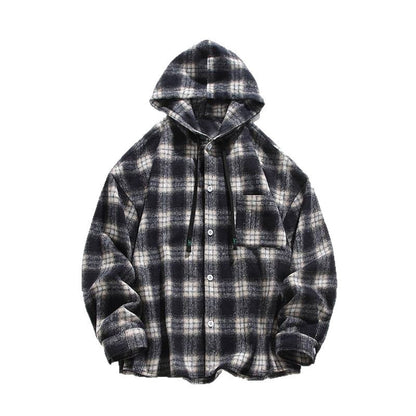 Herren Flanelljacke Kariert Kapuze Knopfverschluss Modern