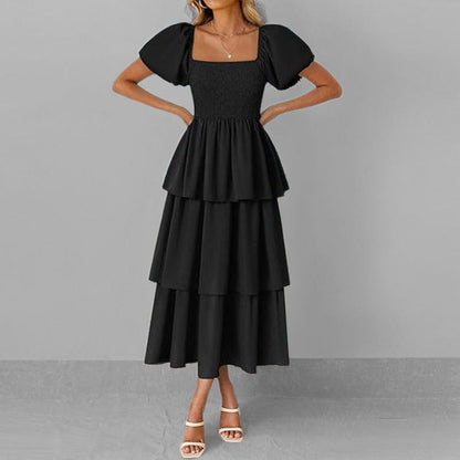 Damen Maxikleid Lang Ärmelig mit Stufenschnitt und Puffärmeln