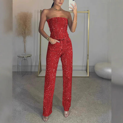 Eleganter Damen Jumpsuit Strapslos Denim