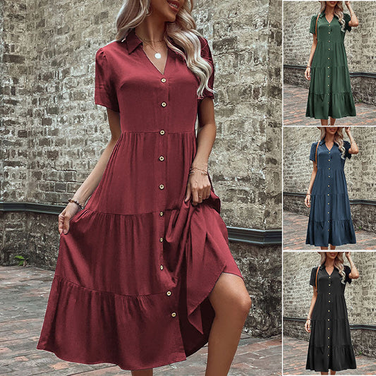Elegantes Damen Kleid mit Knöpfen und Weitem Rock - BerlinGlamour