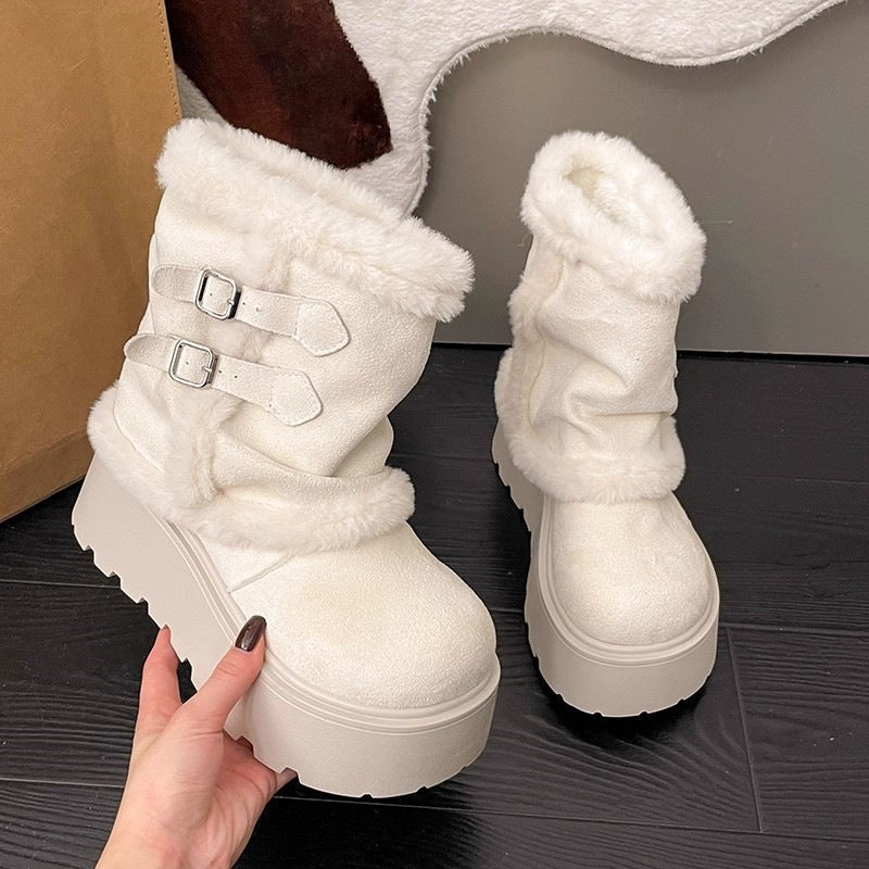 Damen Stiefeletten Flauschig Warm Schnallen Detail