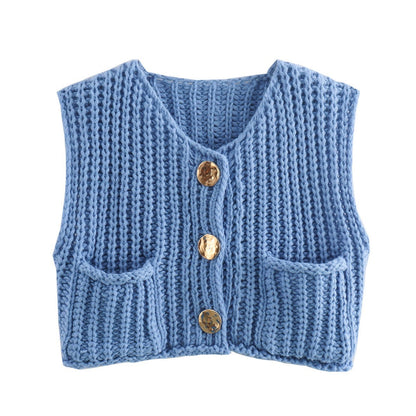 Damen Strickweste Modern mit Knöpfen und Taschen