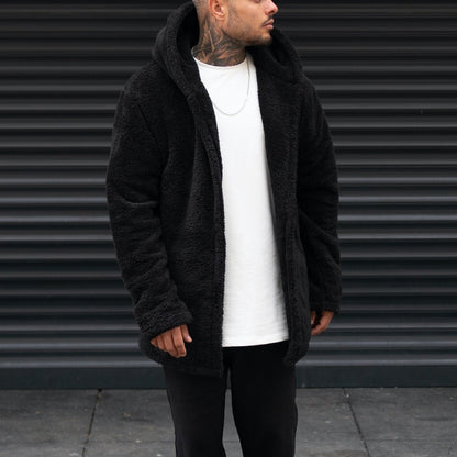 Herren Fleece-Mantel Lässig mit Kapuze und Taschen Warm