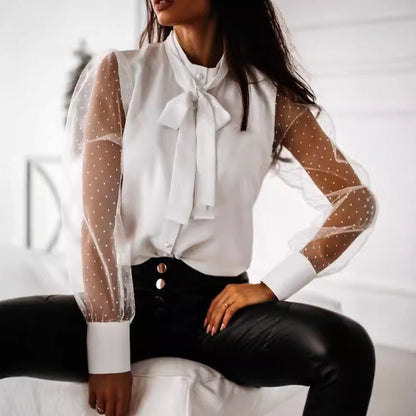 Damen Bluse Transparent Ärmel Elegante Bluse mit Schleife