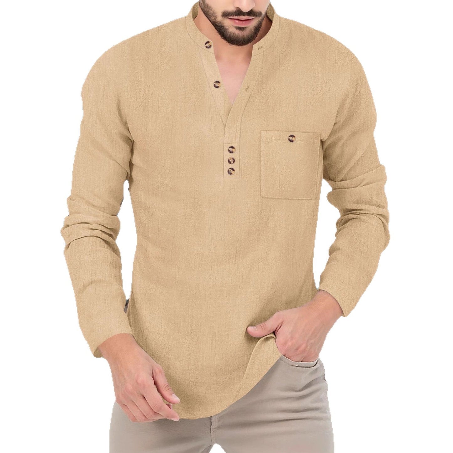 Herren Langarm Hemd Stehkragen Modern Knopfdesign