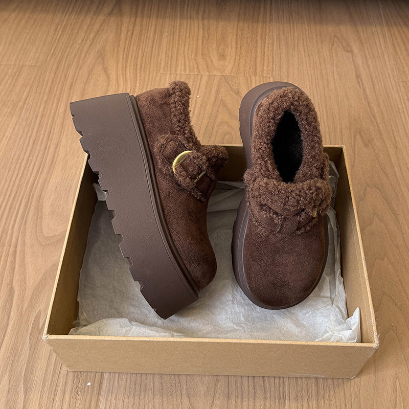Damen Slipper Plüschig Warm mit Plateau und Schnalle