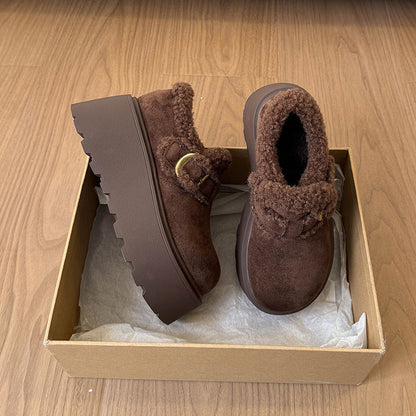 Damen Slipper Plüschig Warm mit Plateau und Schnalle