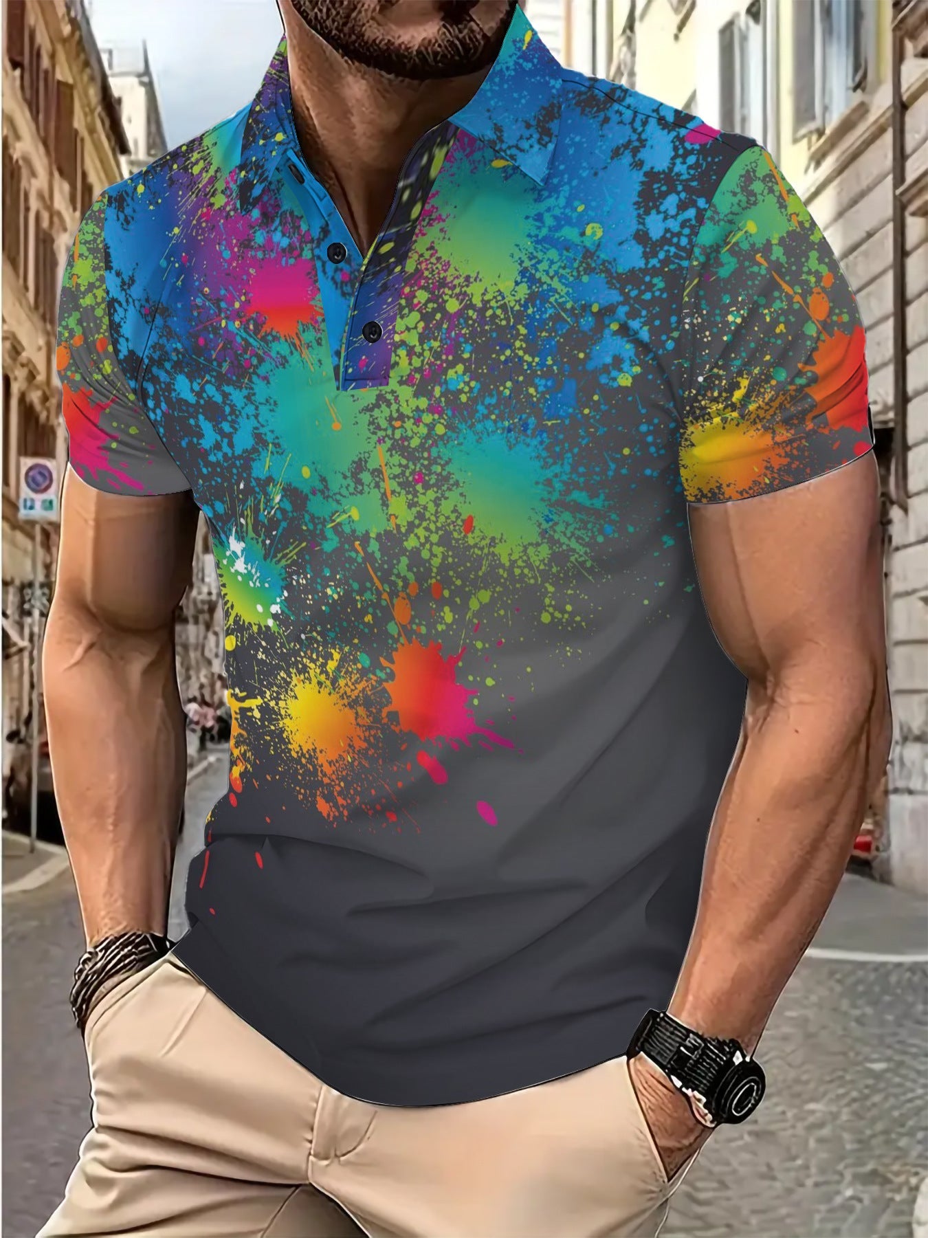 Herren Poloshirt Modern Farbklecks Druck Berlin Style