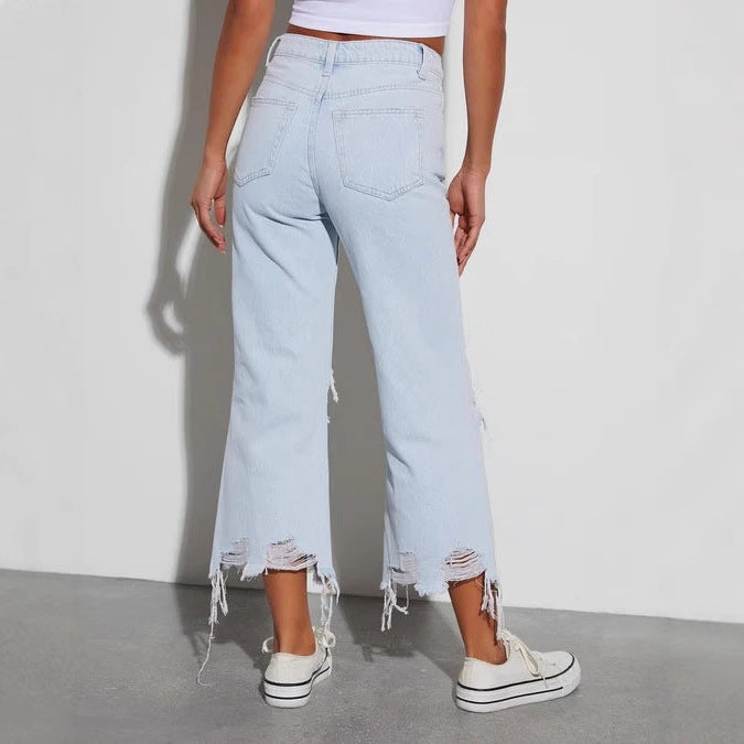 Damen Mom Jeans Ripped mit Rippen-Details Trendy
