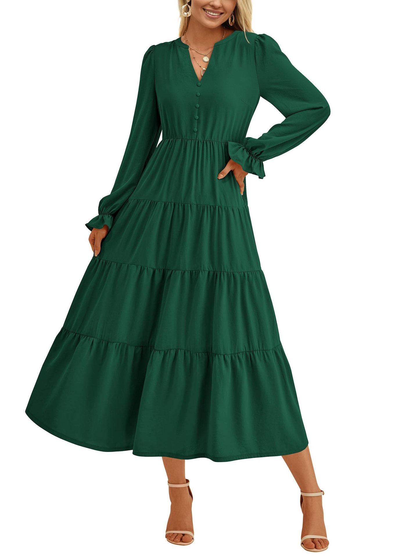 Damen Maxikleid Elegant Rüschendetails V-Ausschnitt Sommerkleid