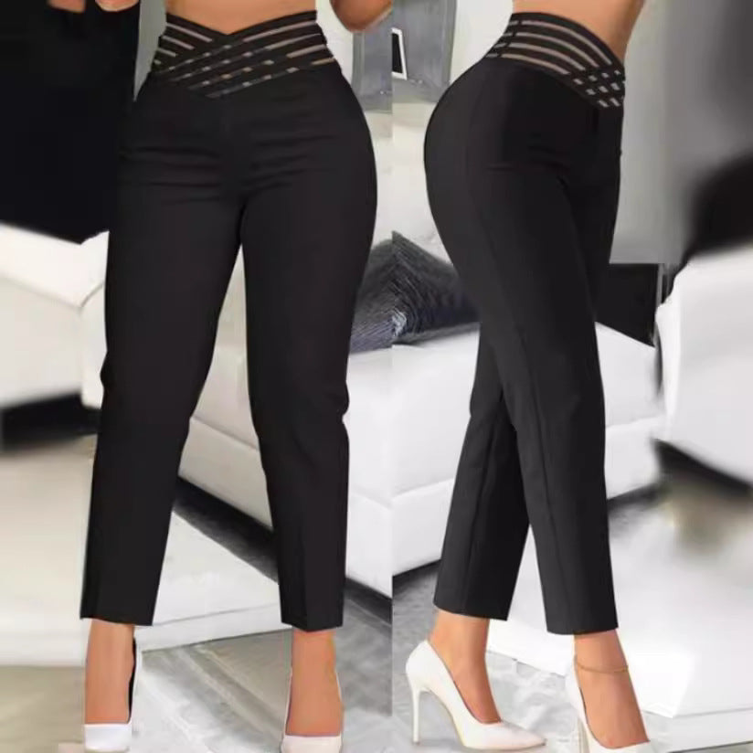 Damen Hose High Waist Stretch Modern Mit Gitterbund